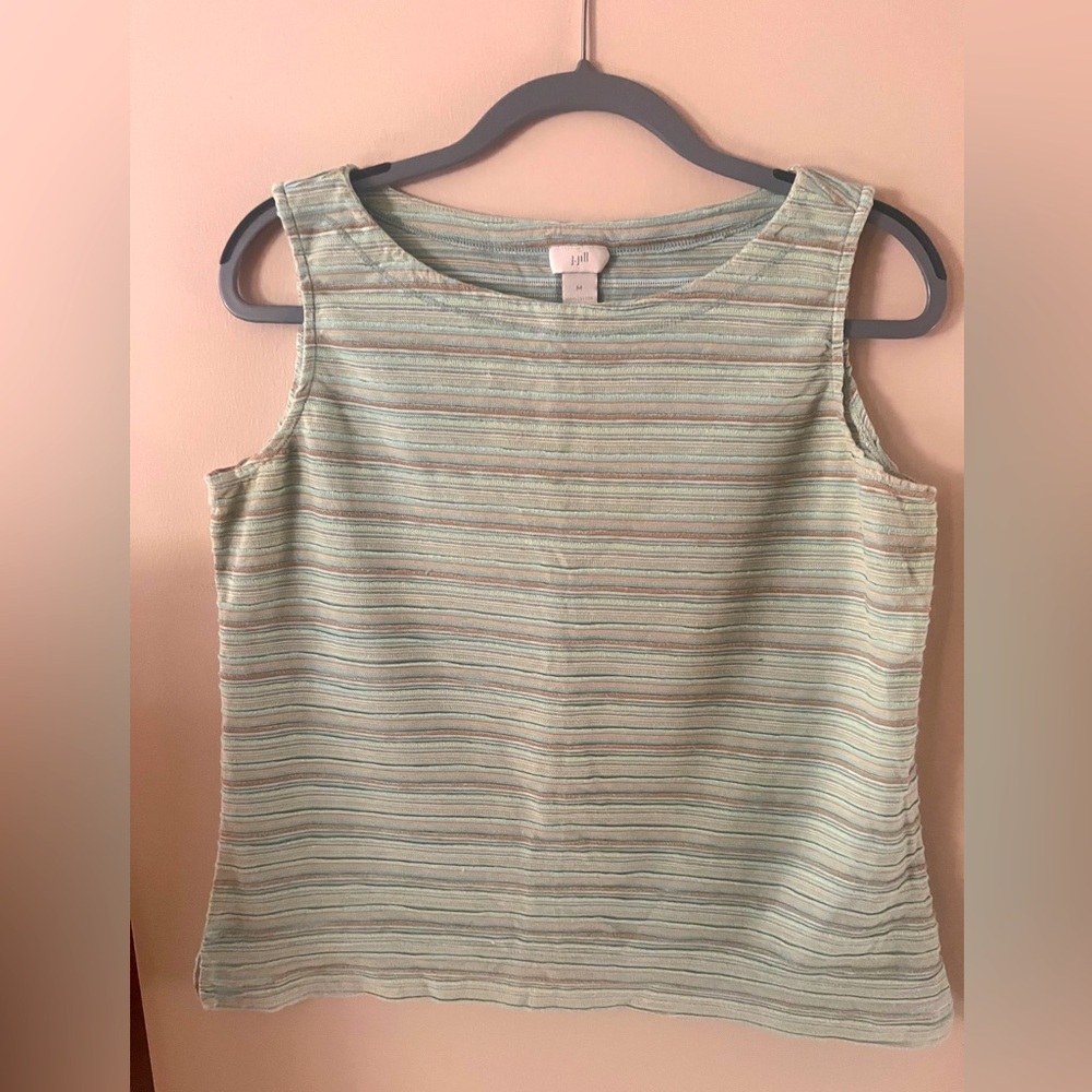 J Jill Striped Pastel Green/Beige/Blue Cotton Crop Sleeveless Top, 19" long